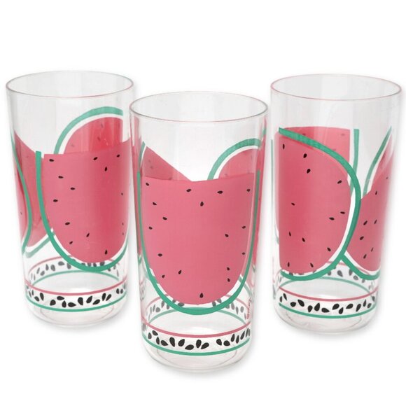 Vintage Watermelon Tumblers Drink Cups Plastic Lightweight Pink Green Clear x 3 - Picture 1 of 9
